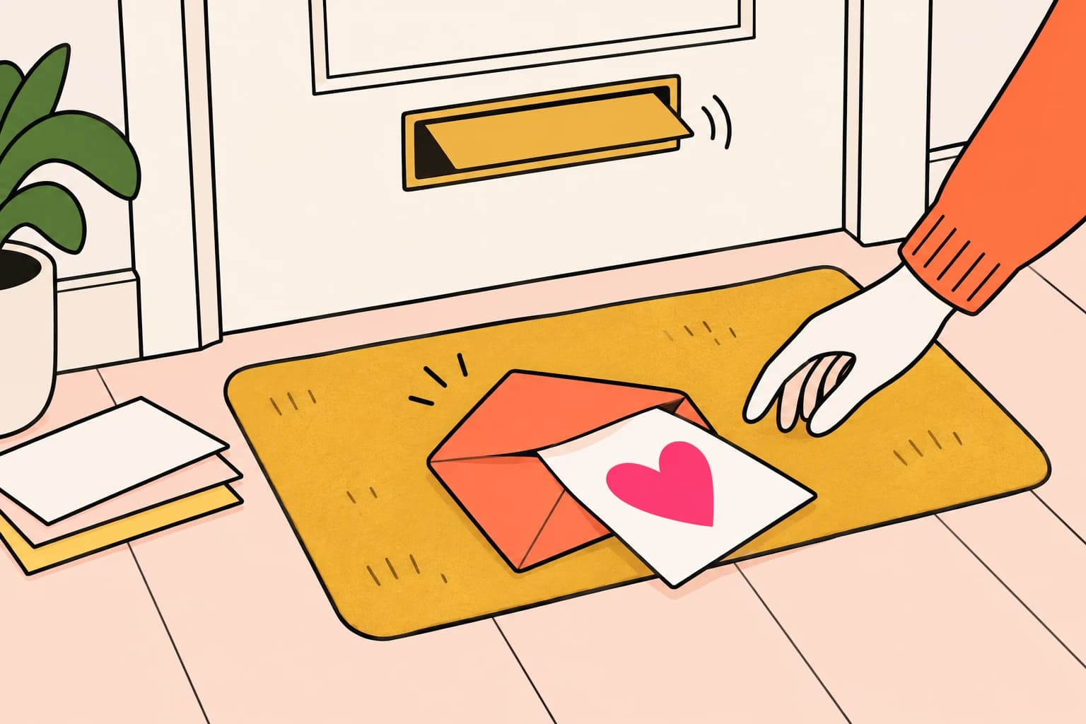 A printed card in a coral envelope on a doormat, a hand reaching to pick it up