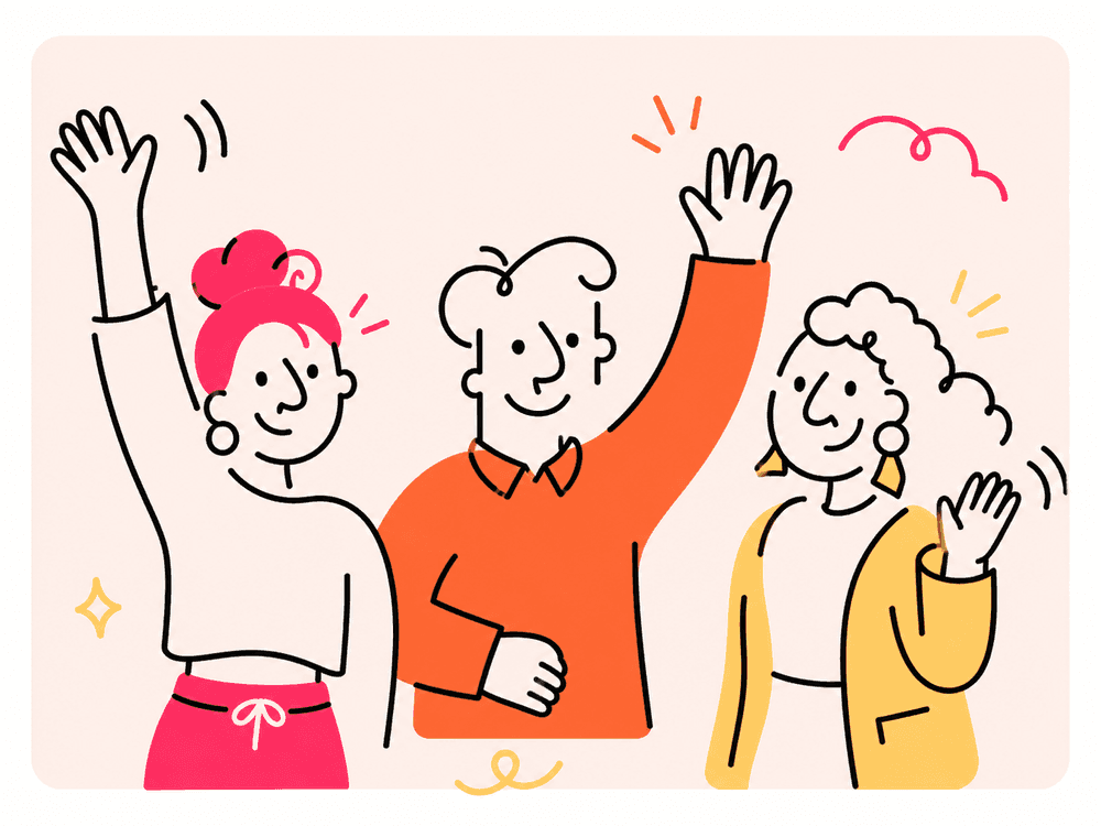 A team waving hello together