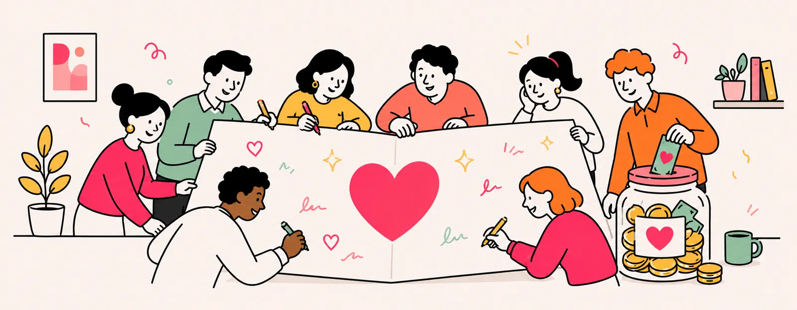 A team signing one big card together while contributions go into a jar