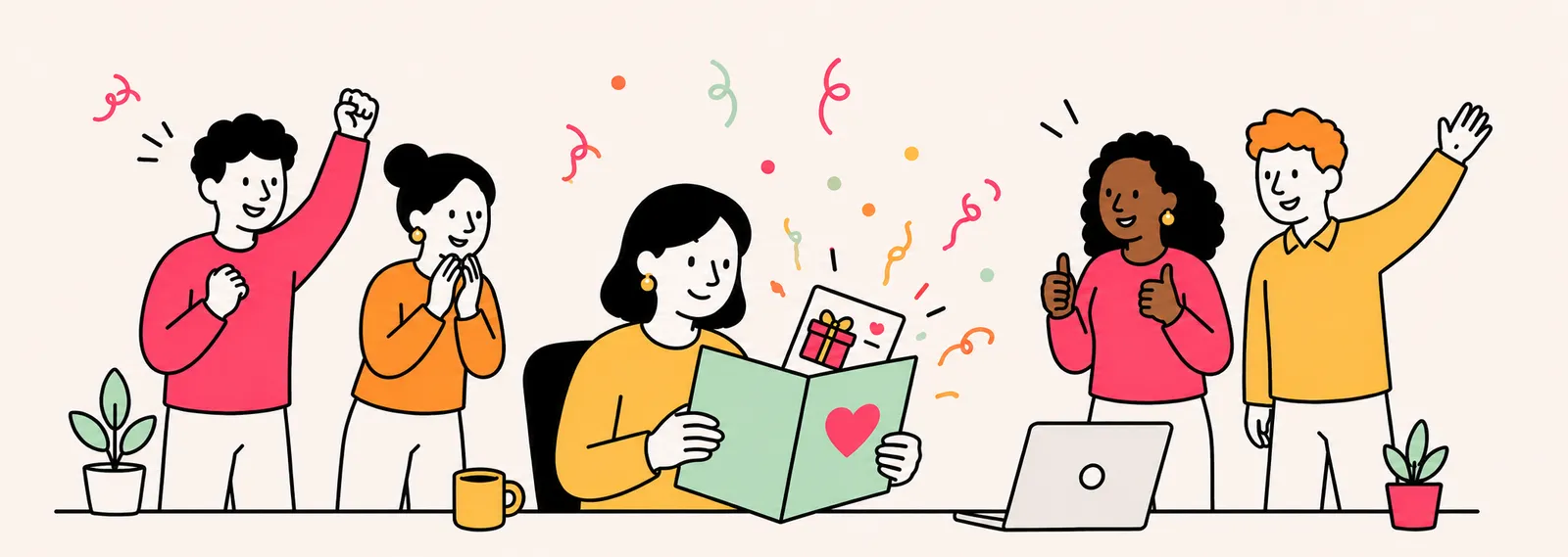 Opening the card with colleagues cheering